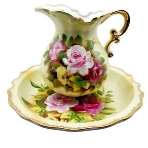 Vintage Allied Japan Wash Pitcher And Basin Set Victorian Art Deco Floral Roses